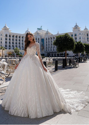 Beaded White Lace Tulle Wedding Dress With Long Train